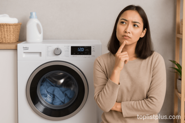 ผู้หญิงกำลังยืนครุ่นคิดข้างเครื่องซักผ้า Beko พร้อมลายน้ำ toplistplus.com เพื่อประกอบบทความ “เครื่องซักผ้า Beko รุ่นไหนดี”