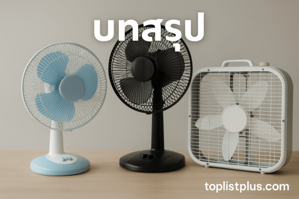 ภาพประกอบบทสรุป พัดลม ยี่ห้อไหนดี แสดงพัดลมหลายแบบสำหรับตกแต่งบทความ SEO