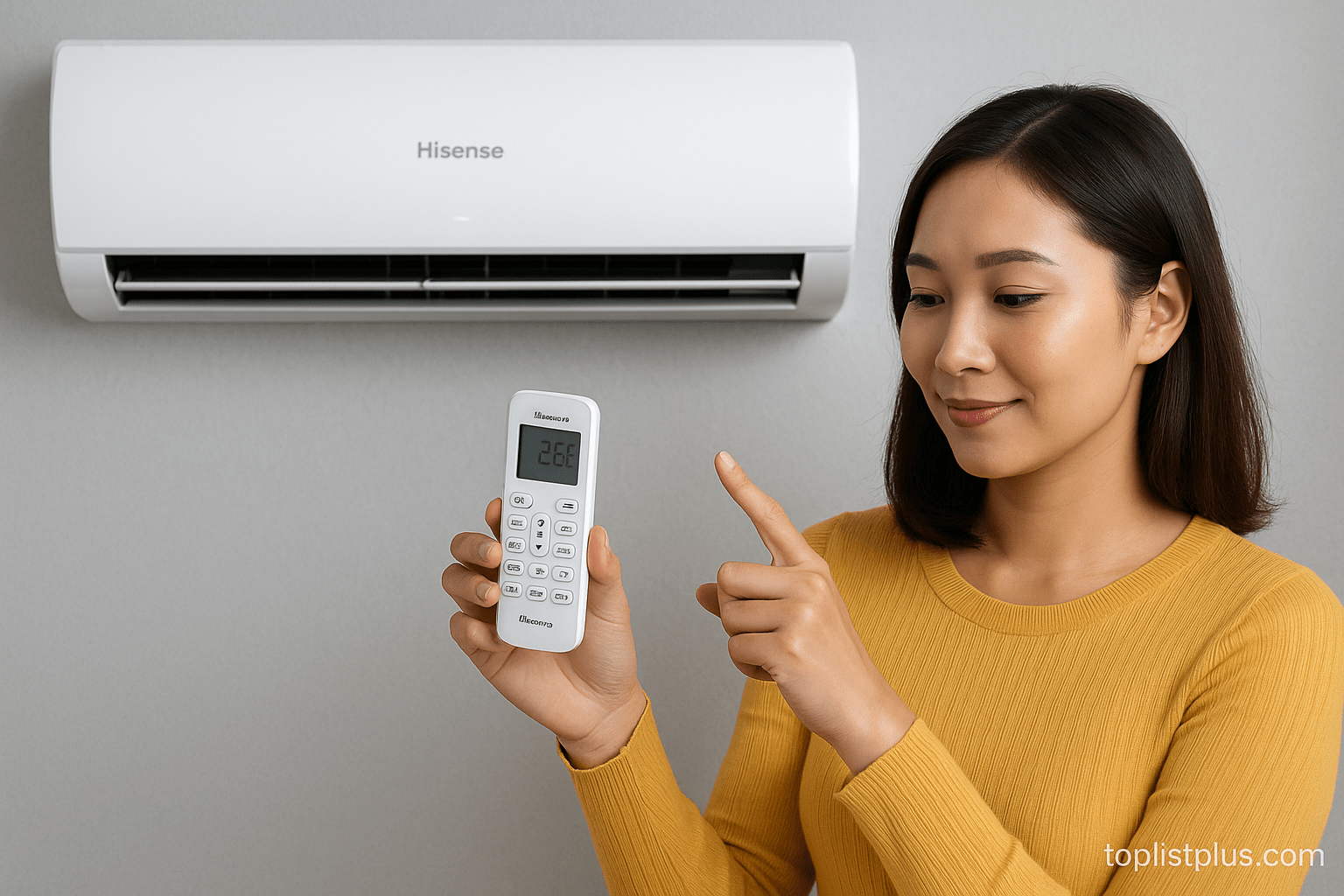 ภาพคนกำลังใช้รีโมตเลือกแอร์ Hisense โดยมีไอคอน BTU ขนาดห้อง และสัญลักษณ์ประหยัดไฟลอยอยู่รอบๆ