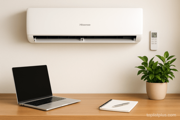 แอร์ Hisense รุ่นไหนดี ติดตั้งในห้องทำงานสมัยใหม่พร้อมโน้ตบุ๊กและต้นไม้ตกแต่ง
