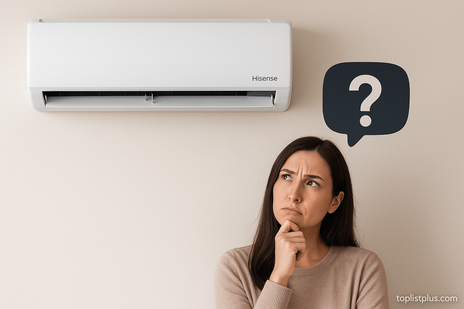 ไอคอนเครื่องหมายคำถามขนาดใหญ่พร้อมกับโลโก้ Hisense และรูปแอร์รุ่นต่างๆ