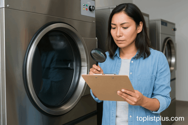 เครื่องซักผ้าอุตสาหกรรม ยี่ห้อไหนดี ภาพเครื่องซักผ้าเชิงพาณิชย์ขนาดใหญ่ในห้องซักรีด