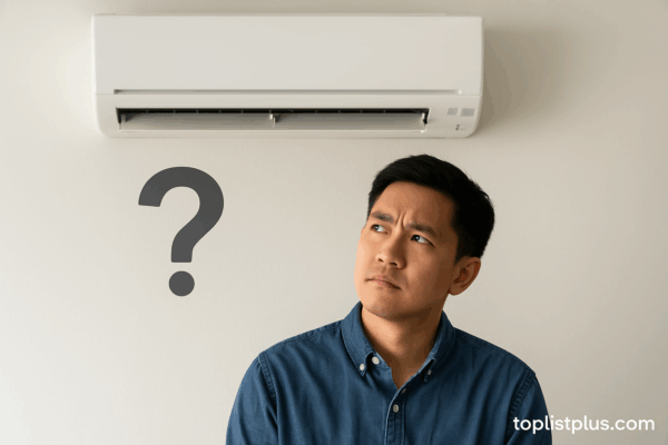 ชายหนุ่มมองแอร์บนผนังพร้อมสัญลักษณ์คำถาม แอร์มิตซูบิชิ 18000 BTU รุ่นไหนดี