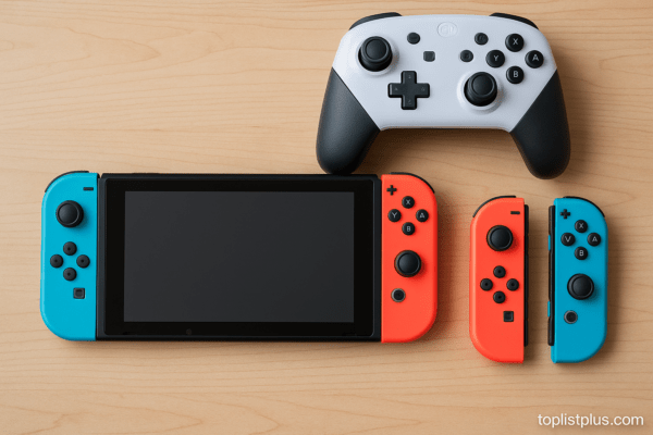 จอย Nintendo Switch ตัวไหนดี พร้อมเครื่องเล่นและอุปกรณ์เสริม วางบนพื้นไม้
