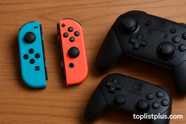 จอย Nintendo Switch ตัวไหนดี วางบนพื้นไม้พร้อมจอยโปรคอนโทรลเลอร์สีดำ