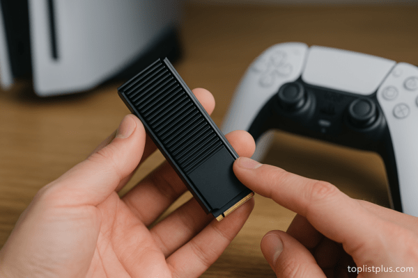 ภาพแสดง SSD PS5 ยี่ห้อไหนดี พร้อมฮีทซิงค์สีดำบนพื้นไม้และจอยคอนโทรลเลอร์ PlayStation 5 อยู่ด้านหลัง