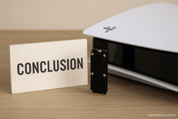 ภาพตกแต่งบทความหัวข้อ "บทสรุป" แสดงเครื่องเล่น PlayStation 5 พร้อม SSD สำหรับ PS5 โดยมีลายน้ำ toplistplus.com – SSD PS5 ยี่ห้อไหนดี