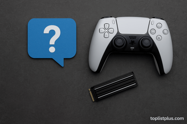 ภาพประกอบคำถามที่พบบ่อยเกี่ยวกับ SSD PS5 ยี่ห้อไหนดี แสดงจอย PlayStation 5 คู่กับ SSD และสัญลักษณ์เครื่องหมายคำถามบนพื้นหลังสีเข้ม