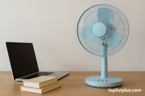 พัดลมตั้งพื้น ยี่ห้อไหนดี วางบนโต๊ะไม้ข้างโน๊ตบุ๊คและหนังสือ บรรยากาศเรียบหรูสำหรับตกแต่งบทความ SEO