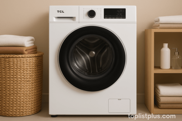 เครื่องซักผ้า TCL รุ่นไหนดี ในห้องซักผ้าทันสมัย พร้อมตะกร้าผ้าและชั้นเก็บของ