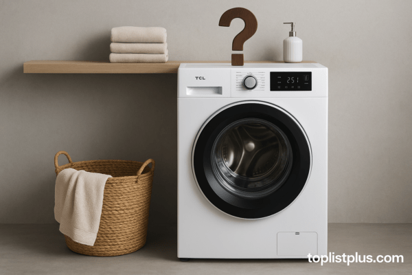 เครื่องซักผ้า TCL รุ่นไหนดี ตั้งอยู่ในห้องซักผ้าสมัยใหม่ พร้อมตะกร้าผ้าและชั้นไม้สำหรับตกแต่ง