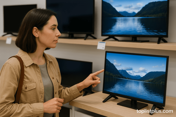 ผู้หญิงกำลังเลือกซื้อทีวี 24 นิ้วในร้านเครื่องใช้ไฟฟ้า แสดงให้เห็นบรรยากาศการเลือกสินค้า เหมาะกับบทความเคล็ดลับการเลือกซื้อ ทีวี 24 นิ้ว ยี่ห้อไหนดี