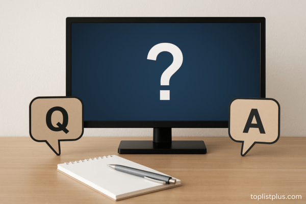 ทีวี 24 นิ้ว ยี่ห้อไหนดี จัดวางบนโต๊ะในห้องนั่งเล่น พร้อมสัญลักษณ์ Q&A