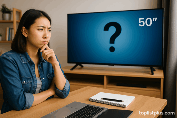 ทีวี 50 นิ้ว รุ่นไหนดี ในห้องนั่งเล่นสมัยใหม่ พร้อมผู้หญิงกำลังคิดเลือกทีวี
