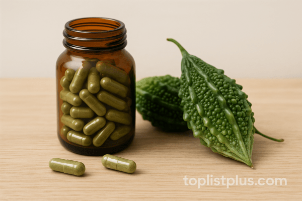ขวดบรรจุแคปซูลสมุนไพรมะระขี้นกพร้อมผลสด วางบนโต๊ะไม้ สำหรับบทความ SEO "มะระขี้นกแคปซูล ยี่ห้อไหนดี"