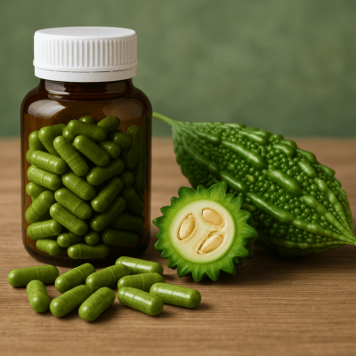 ขวดบรรจุแคปซูลมะระขี้นกและผลสด วางบนโต๊ะไม้ สำหรับบทความ "มะระขี้นกแคปซูล ยี่ห้อไหนดี"