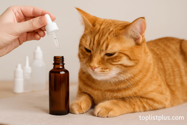 ภาพแมวสีส้มกับขวดดรอปเปอร์สำหรับยาหยอดหู ใช้ประกอบบทความเรื่อง ยาหยอดไรหูแมว ยี่ห้อไหนดี