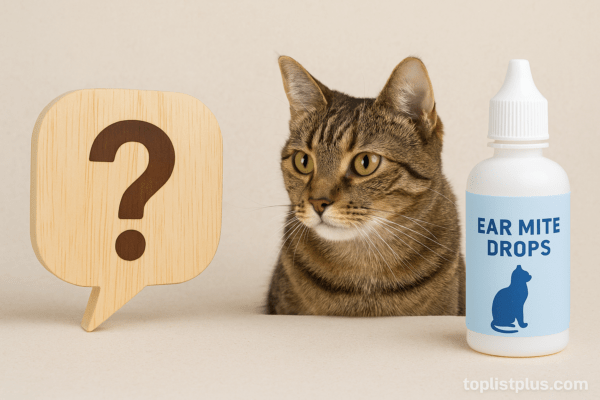 ภาพประกอบคำถามที่พบบ่อยเกี่ยวกับยาหยอดไรหูแมว ยี่ห้อไหนดี มีแมวขนสีน้ำตาลลายแท็บบี้ข้างขวด Ear Mite Drops พร้อมสัญลักษณ์คำถาม