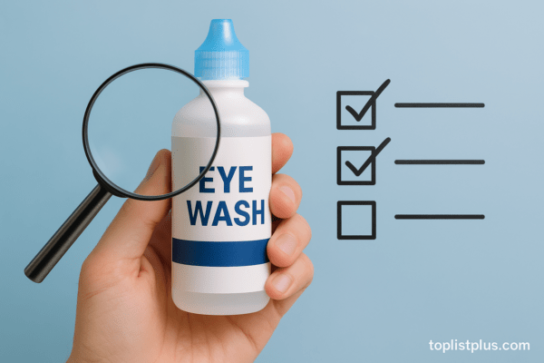 ขวดน้ำยาล้างตาในมือ พร้อมสัญลักษณ์เช็คลิสต์ ใช้ประกอบบทความเคล็ดลับการเลือกซื้อ น้ำยาล้างตา ยี่ห้อไหนดี