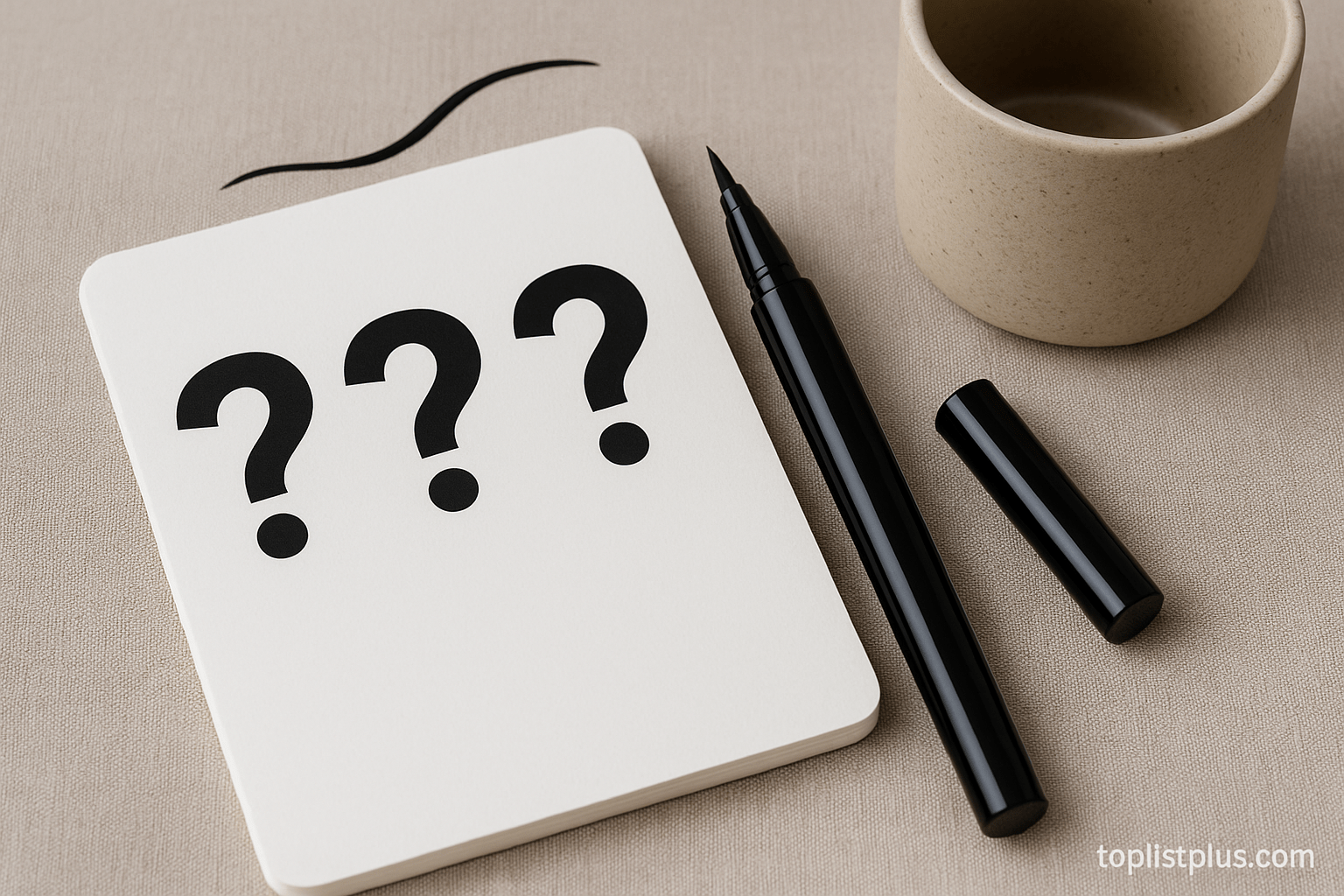 ภาพผู้หญิงกำลังสงสัยพร้อมเครื่องหมายคำถาม เกี่ยวกับอายไลเนอร์