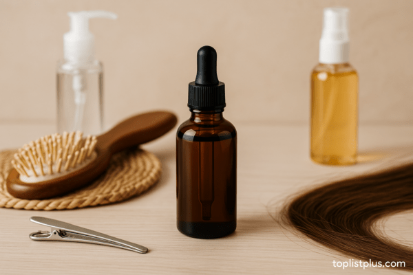 เคล็ดลับการเลือกซื้อ เซรั่มบํารุงผม ยี่ห้อไหนดี พร้อมขวดเซรั่มและอุปกรณ์ดูแลเส้นผมจัดวางบนโต๊ะไม้