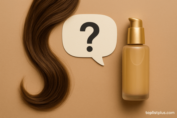 ภาพประกอบคำถามที่พบบ่อยเกี่ยวกับ เซรั่มบํารุงผม ยี่ห้อไหนดี ขวดเซรั่มบํารุงผมพร้อมเส้นผมสุขภาพดีและพื้นหลังเรียบหรู