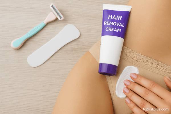 ภาพประกอบเคล็ดลับการเลือกซื้อ ครีมกําจัดขนจุดซ่อนเร้น ยี่ห้อไหนดี แสดงบรรจุภัณฑ์ครีมและการใช้งานอย่างเหมาะสม