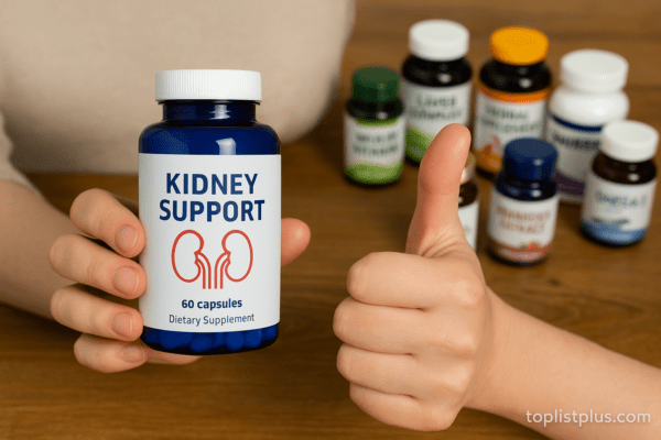 เคล็ดลับการเลือกซื้ออาหารเสริมบำรุงไต ยี่ห้อไหนดี ภาพขวดอาหารเสริมวางบนโต๊ะไม้พร้อมขวดวิตามินอื่น ๆ และมือตั้งโป้ง