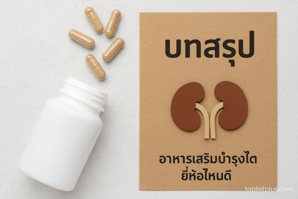 ภาพบทสรุปบทความ SEO แสดงบรรยากาศสุขภาพดี พร้อมผลิตภัณฑ์อาหารเสริมและสัญลักษณ์ไต ใช้สำหรับหัวข้อ "อาหารเสริมบำรุงไต ยี่ห้อไหนดี"