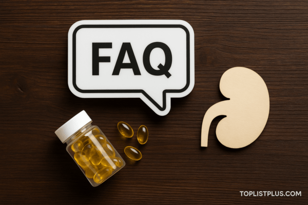 ภาพประกอบคำถามที่พบบ่อยเกี่ยวกับอาหารเสริมบำรุงไต ยี่ห้อไหนดี แสดงขวดแคปซูลเสริมอาหารและสัญลักษณ์ไตวางบนพื้นไม้