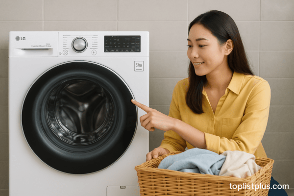 ผู้หญิงกำลังนั่งข้างเครื่องซักผ้า LG ฝาหน้า 9 kg พร้อมตะกร้าผ้า สำหรับบทความ SEO เครื่องซักผ้า LG ฝาหน้า 9 kg รุ่นไหนดี