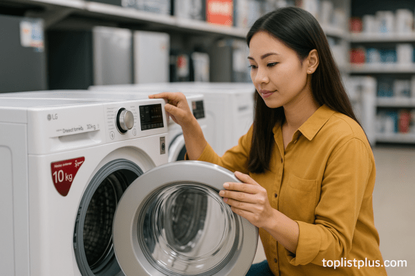 เครื่องซักผ้า LG 10 กิโล รุ่นไหนดี ในห้องโชว์สินค้า มุมมองชัดเจนเหมาะสำหรับประกอบบทความเคล็ดลับการเลือกซื้อ