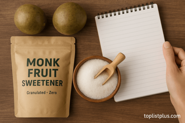 ภาพประกอบเคล็ดลับการเลือกซื้อ น้ำตาลหล่อฮังก๊วย ยี่ห้อไหนดี จัดวางถุงบรรจุและผลสดอย่างสวยงามบนโต๊ะไม้