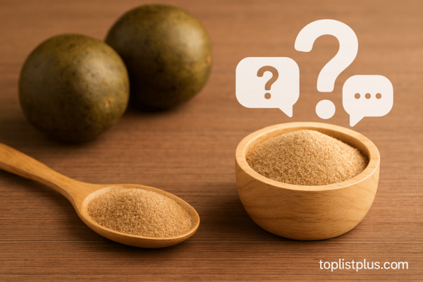 น้ำตาลหล่อฮังก๊วย ยี่ห้อไหนดี ภาพบรรจุภัณฑ์และผงน้ำตาลหล่อฮังก๊วยวางบนโต๊ะไม้