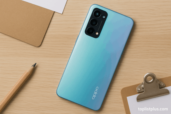 โทรศัพท์ OPPO กล้องสวย ราคาไม่เกิน 5000 รุ่นไหนดี สมาร์ทโฟนดีไซน์สวยหรูบนพื้นโต๊ะไม้