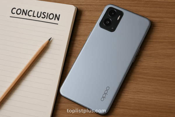 โทรศัพท์ OPPO ราคาไม่เกิน 3000 รุ่นไหนดี จัดวางสวยงามบนโต๊ะไม้สำหรับบทความ SEO หัวข้อบทสรุป พร้อมลายน้ำ toplistplus.com