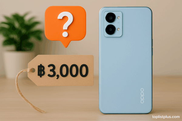 ภาพโทรศัพท์ OPPO ราคาไม่เกิน 3000 รุ่นไหนดี วางบนพื้นเรียบพร้อมป้ายราคาและสัญลักษณ์คำถาม ใช้สำหรับประกอบบทความ SEO