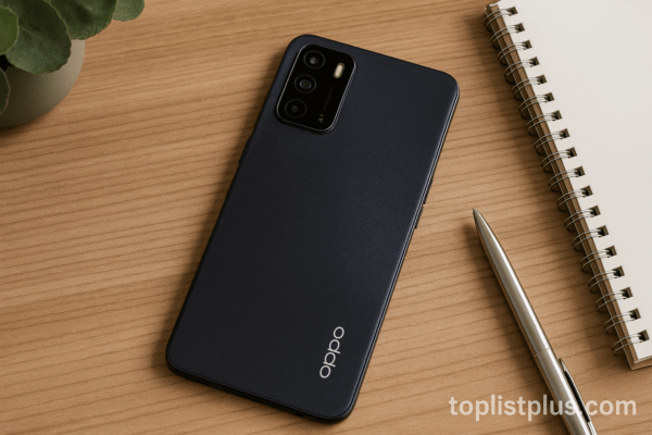 ภาพโทรศัพท์ OPPO ราคาไม่เกิน 4000 รุ่นไหนดี วางบนโต๊ะไม้พร้อมสมุดและปากกา ใช้ประกอบบทความเคล็ดลับการเลือกซื้อ