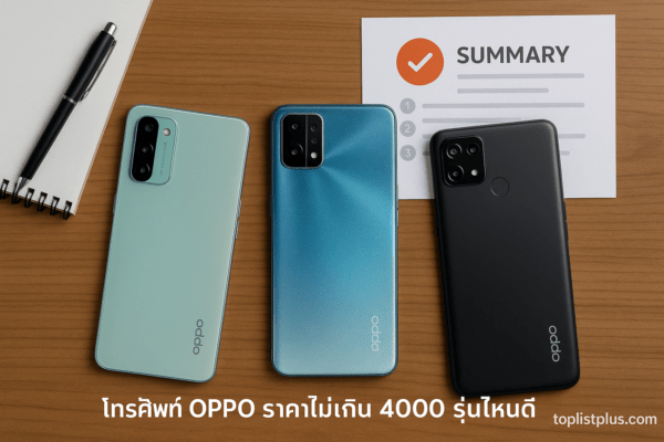 โทรศัพท์ OPPO ราคาไม่เกิน 4000 รุ่นไหนดี จัดเรียงหลายรุ่นบนโต๊ะไม้สำหรับบทความ SEO หัวข้อบทสรุป พร้อมลายน้ำ toplistplus.com