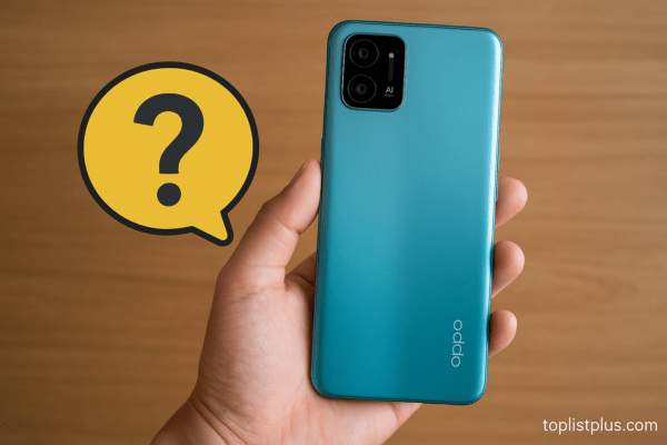 โทรศัพท์ OPPO ราคาไม่เกิน 4000 รุ่นไหนดี สำหรับตกแต่งบทความ SEO คำถามที่พบบ่อย แสดงภาพโทรศัพท์ OPPO ดีไซน์ทันสมัย วางบนพื้นหลังเรียบหรู พร้อมลายน้ำ toplistplus.com