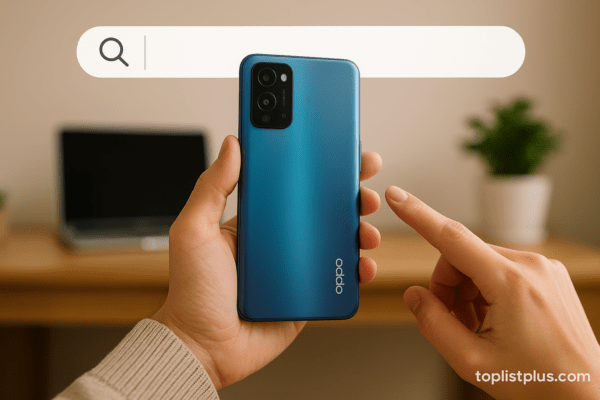 โทรศัพท์ OPPO ราคาไม่เกิน 6000 รุ่นไหนดี ภาพมือถือ OPPO สีน้ำเงินวางในมือบนฉากหลังทันสมัย พร้อมลายน้ำ toplistplus.com สำหรับตกแต่งบทความ SEO