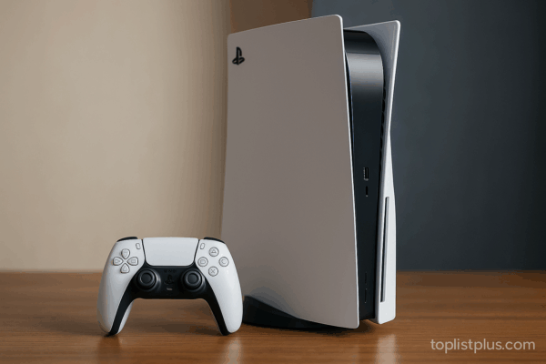 เครื่องเล่นเกม PS5 รุ่นไหนดี พร้อมจอย DualSense วางบนโต๊ะไม้ สำหรับประกอบบทความเคล็ดลับการเลือกซื้อ