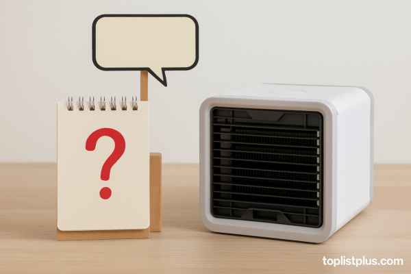 พัดลมไอเย็นพกพา ยี่ห้อไหนดี สำหรับตกแต่งบทความหัวข้อคำถามที่พบบ่อย วางบนโต๊ะไม้บรรยากาศเรียบง่าย
