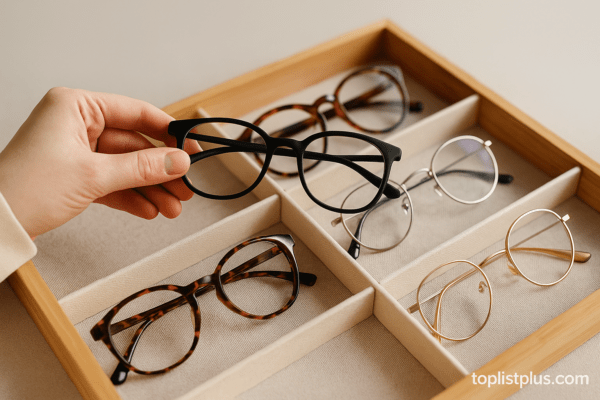 กรอบแว่นสายตา ยี่ห้อไหนดี ภาพตัวเลือกแว่นสายตาหลายแบบทั้งสีดำ ทอง เงิน และลายกระ