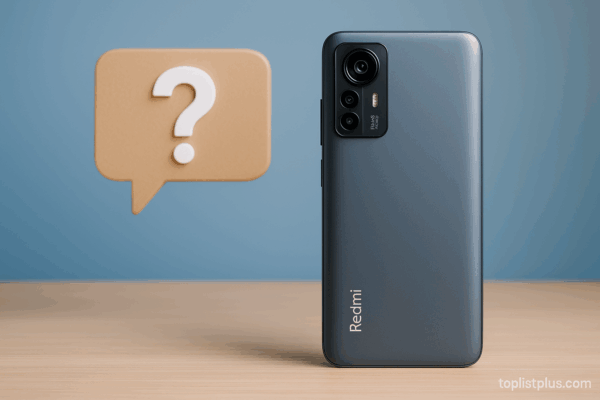 โทรศัพท์ redmi รุ่นไหนดี วางบนโต๊ะไม้ พื้นหลังสีฟ้า พร้อมไอคอนคำถาม และลายน้ำ toplistplus.com