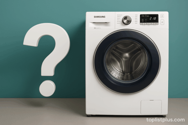 เครื่องซักผ้า Samsung ฝาหน้า 8 kg รุ่นไหนดี จัดวางในห้องซักผ้าสมัยใหม่ พร้อมลายน้ำ toplistplus.com สำหรับตกแต่งบทความ SEO