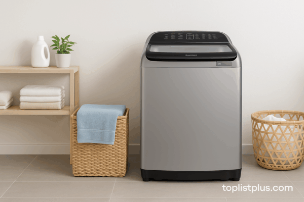 เครื่องซักผ้า Samsung ฝาบน 13 kg รุ่นไหนดี จัดวางในห้องซักผ้าแบบมินิมอล พร้อมตะกร้าผ้าและชั้นวางไม้
