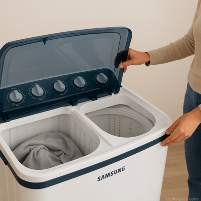 เครื่องซักผ้า Samsung 2 ถัง รุ่นไหนดี ถูกจัดวางในห้องซักผ้าทันสมัย บรรยากาศสะอาดและดูเป็นระเบียบ