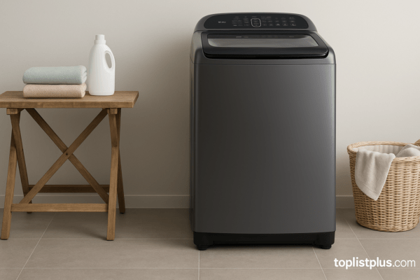 เครื่องซักผ้า Samsung 16 kg รุ่นไหนดี ตั้งอยู่ในห้องซักผ้าสมัยใหม่พร้อมตะกร้าและผ้าขนหนู