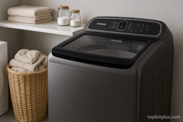 เครื่องซักผ้า Samsung 16 kg รุ่นไหนดี ตั้งอยู่ในห้องซักผ้าสไตล์มินิมอลพร้อมตะกร้าผ้าและผ้าขนหนู